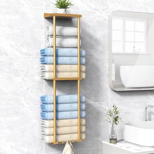 Towel Rack for Bathroom, Wall Mounted Vertical Rolled Towel Storage Organizer Holder with Shelf, Holds Up 6 Large Bath Sheets, Gold (Standard Size)