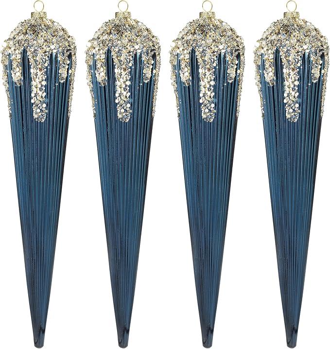 KI Store 4pcs Extra Large Christmas Icicles Burgundy 12-Inch Christmas Tree Decorative Hanging Ornaments for Xmas Tree Decor Blue