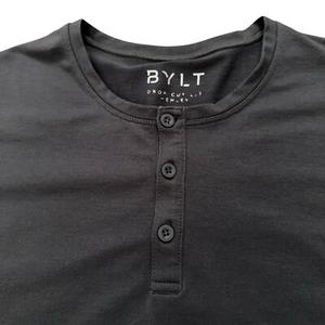 BYLT Drop Cut Henley T Shirt Men Medium Black Long Sleeve Lux Pullover Active, XL