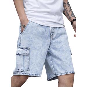 OYOANGLE Men's Drawstring Elastic Waist Flap Pocket Straight Cargo Jean Denim Shorts (Medium)