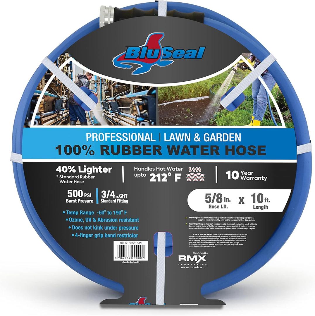 BluSeal Hot/Cold Water Rubber Garden Hose, 100% Rubber, Ultra-Light, Super Strong, 500 PSI, 50F to 190F Degrees, High Strength Polyester Braided (5/8" x 10')