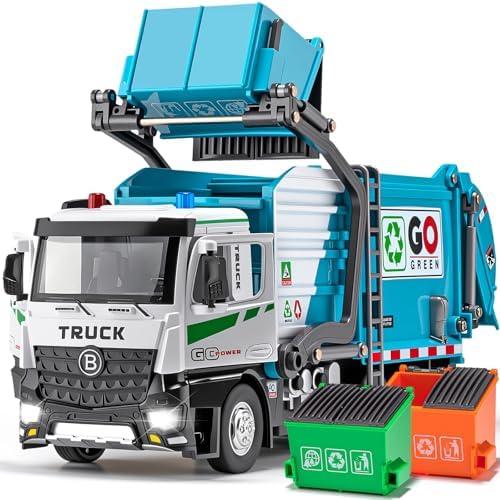 HAPYAD AUTO-Lift Function Garbage Truck Toys Metal Cab, Trash Truck Toy Set with Lights and Sounds Includes 3 Dumpsters, Birthday Gift for Kids Boys Toddlers (Blue)
