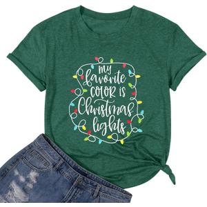Christmas Shirts for Women 2025 Christmas Crew Shirt Xmas Lights Graphic Tshirt Holidays Short Sleeve Tops (Green)