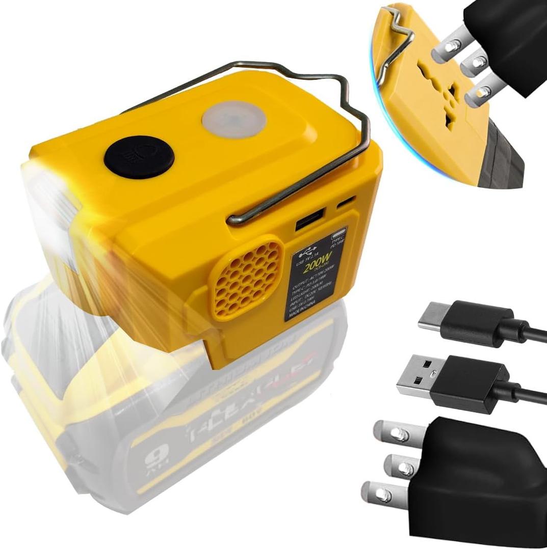 200W Power Inverter Compatible with Dewalt 20V Battery with 1 USB & 1 Type C DC 20V to AC 110-120V Battery Inverter. for Compliances Such as Phones Tablet Razors.