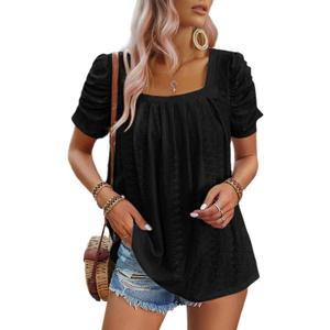 Dokotoo Women's Hollow Pleated Short Sleeves Square Neck Casual Loose Solid Color Knit T Shirts Tops Blouses (M)