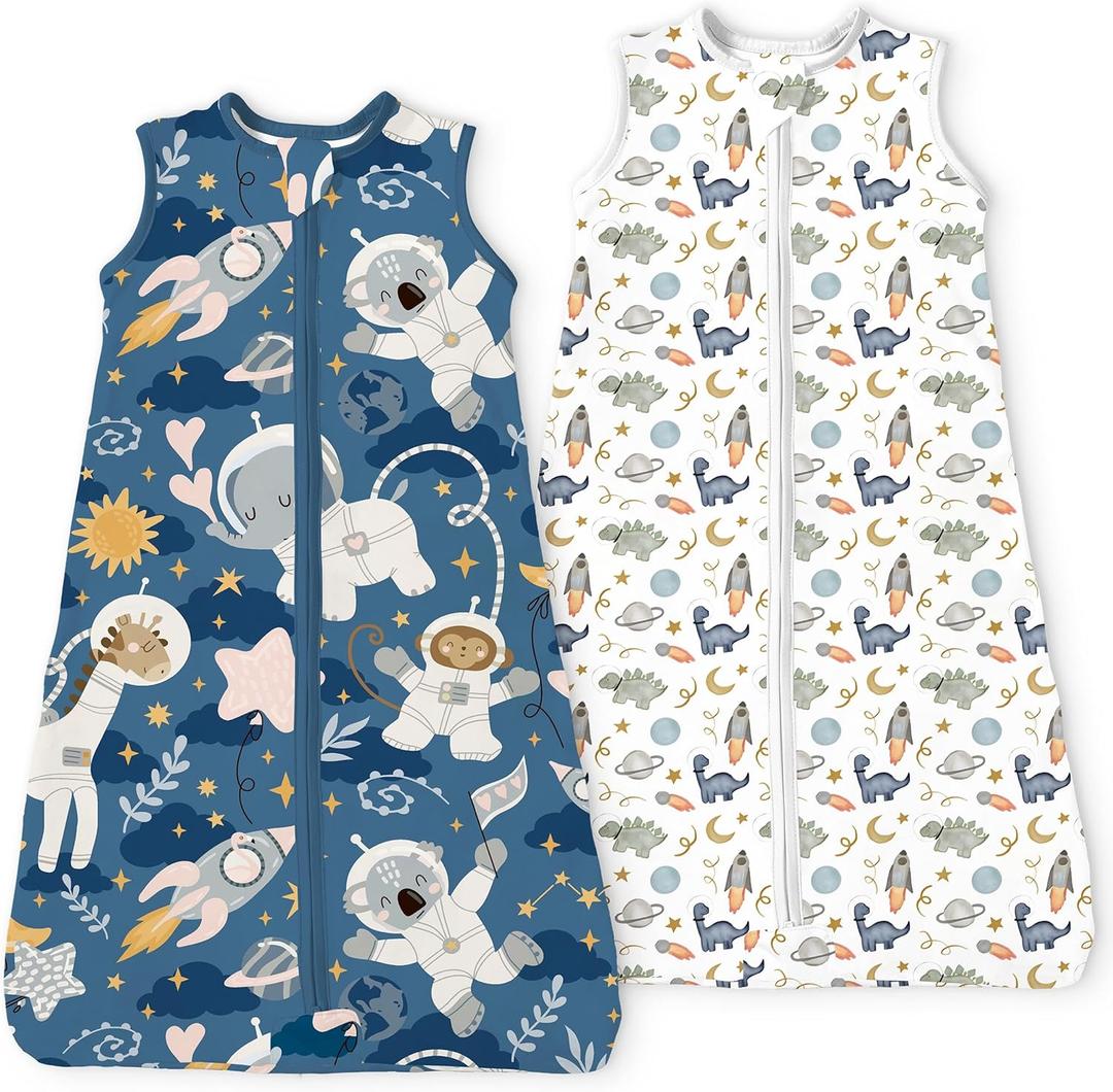 Toddler Sleep Sacks TOG Light Summer Wearable Blankets, Extra Long XL Sleeping Bags, 2 Pack (Animal Space & Dino Space, 2T-4T)