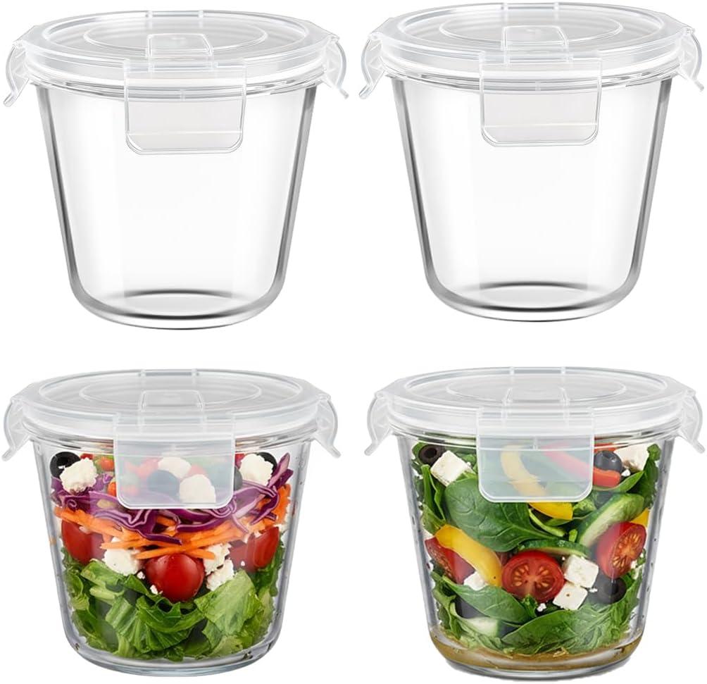 H.JSS WDJS 3Cup Round Glass Food Storage Containers with Airtight lids, 23oz Glass Meal Prep Containers, Heat-Resistant BPA-Free for Soup Leftover, Microwave, Dishwasher and Fridge Safe (white-4Pack), Large