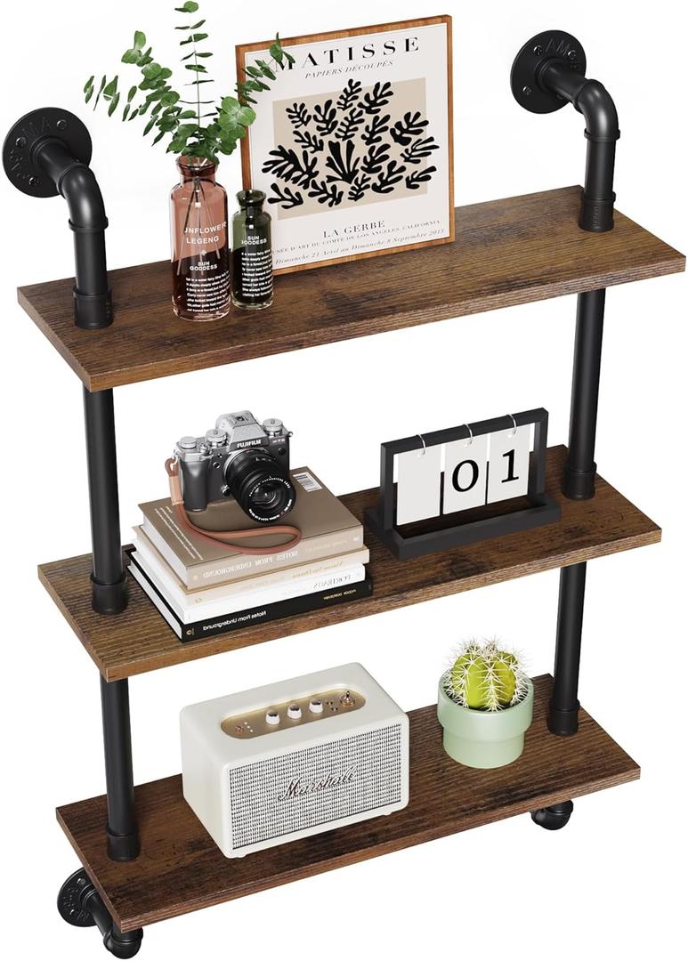 Merapi 24" Industrial Floating Shelves, Pipe Shelves for Wall, 3 Tier Rustic Wood Wall Shelves for Home Dcor, Bedroom, Living Room, Bathroom