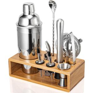 Cocktail Shaker Set, 18/8 Food-Grade Stainless Steel Mixology Bartender Kit 10-Piece Bar Tools with Stylish Bamboo Stand - Rust-Proof & Dishwasher Safe - Professional Martini Shaker Gift for Men, Dad