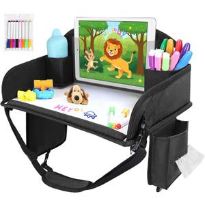 Kids Travel Tray for Car Seat, Toddler Road Trip Essentials With Drawing Kit, Travel Activities Must Haves (Black)