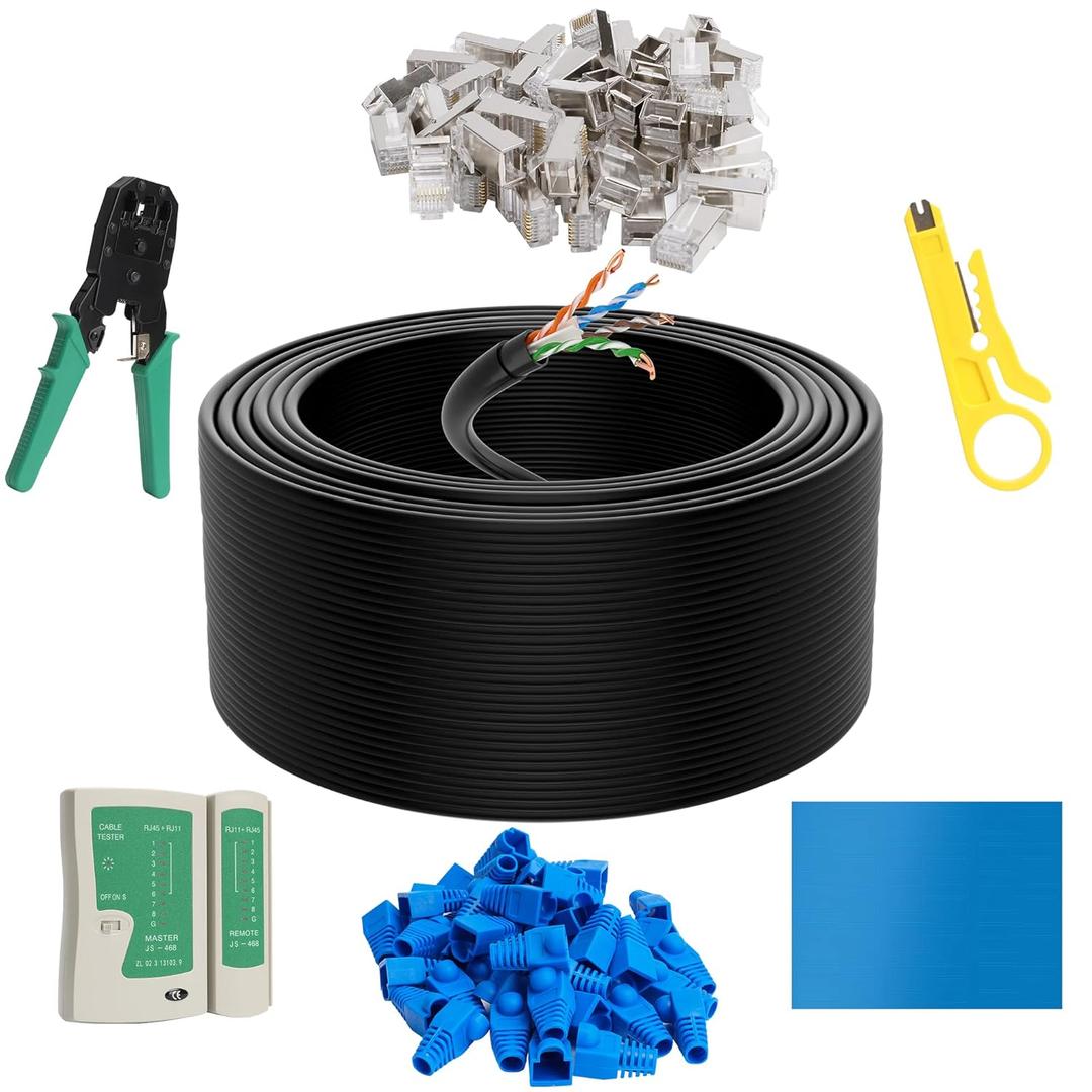 Cat6 Outdoor Ethernet Cable 500 FT with Tool Kit, Heavy Duty Network Internet DIY Bulk Cord, Support Cat 6 Cat5e Cat5, UTP, CCA, Waterproof, PVC & LLDPE UV Double Jackets, in Wall, Direct Burial, POE