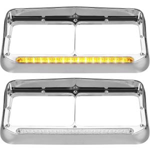 Partsam 2x Headlight Bezels Chrome w/Visor 12" Clear/Amber LED Light Strip Replacement for 4x6 Lights Kenworth T400 T600 T800 W900B W900L Peterbilt 378 379 Western Star 4900 Freightliner Semi Trucks