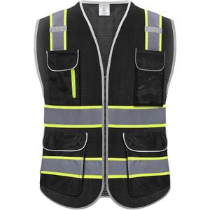 High Visibility Safety Vest - Reflective Breathable Mesh with 9 Pockets, Front Zipper for Men & Women - Meets ANSI/ISEA Standards