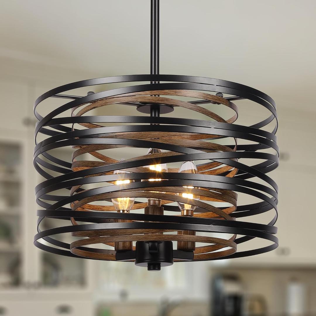 Sigaitwei 3-Light Dining Room Chandelier12.6" Rustic Black Drum ChandeliersWood Grain and Vintage Light Fixture for Kitchen Entryway Living Room