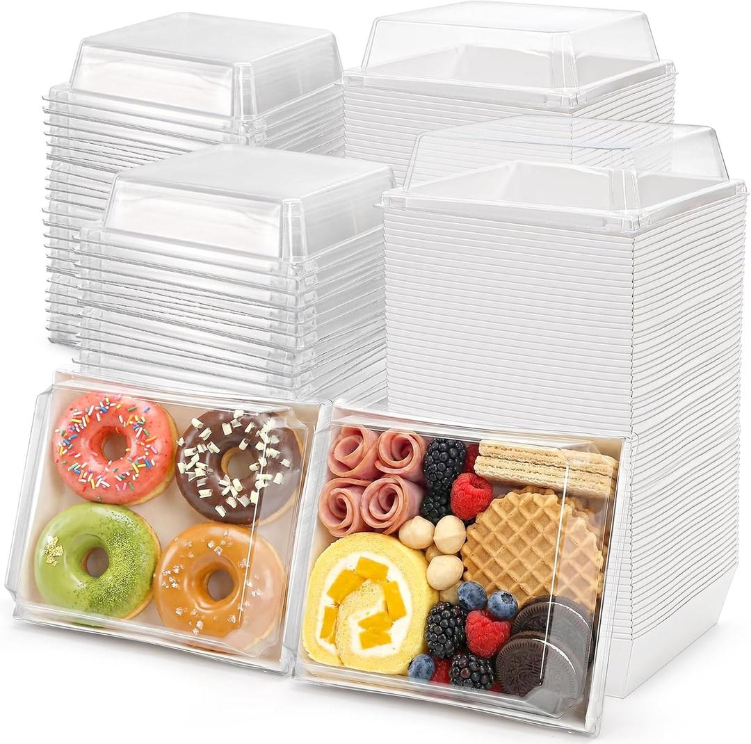 Hiceeden Set of 100 Sandwich Boxes with Clear Lids, White Paper Charcuterie Boxes, 5" Square Dessert Cake Boxes Food Grade for Swiss Roll, Hamburger, Pasta, Salad, Cookie