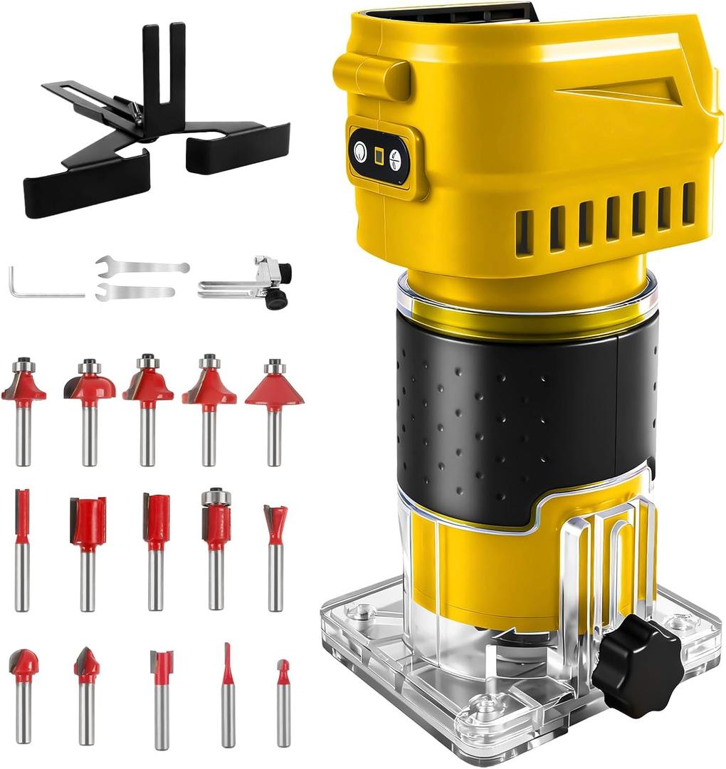 Cordless Router Compatible With Dewalt 20V Battery, 6-Speed, 30,000 RPM, 850W Brushless Handheld Palm Routers for Woodworking Hand Edge Trimmer with 15 PCS 1/4" Router Bits Set (No Battery)
