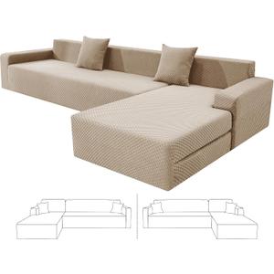 ZNSAYOTX Sectional Couch Covers, Stretch Jacquard Slipcovers with Elastic Bottom for L-Shape Sectional Sofa, 2 Pcs Pet Friendly Modular Sofa Protector (3 Seat Couch + 3 Seat Chaise, Khaki)