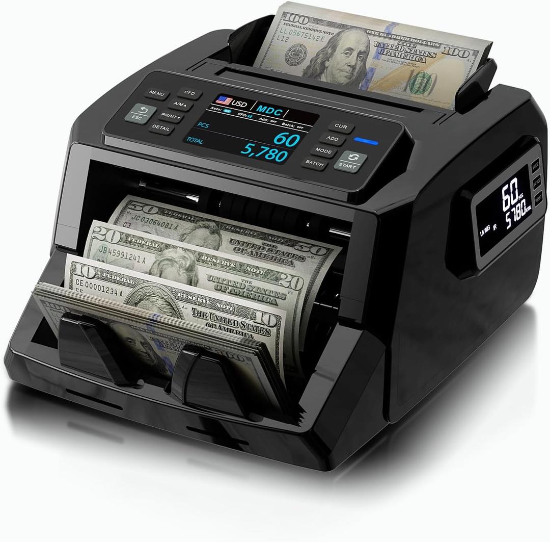 LOLARAN Money Counter Machine Mixed Denomination, Dual-Display Mixed Denomination Value Counting Machine with UV/MG/IR/DD Counterfeit Detection, USD, EUR, MXN, GBP and CAD Business Counter, Black