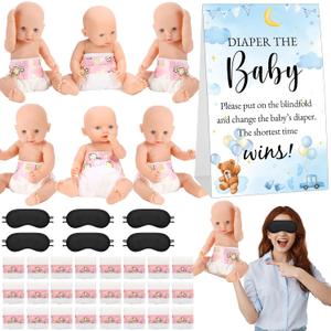 37 Pcs Baby Shower Diaper Changing Game Supplies Including Dolls Blindfold Diapers Cardboard Sign Baby Changing Diaper Race Game Set for Gender Reveal Party (Playful)