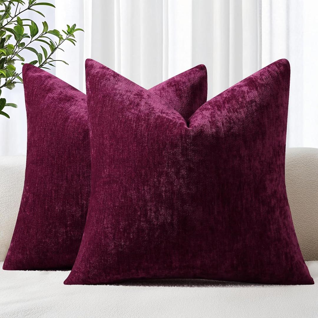 decorUhome Chenille Burgundy Christmas Throw Pillow Covers 20x20 Inch Set of 2, Decorative Soft Couch Pillow Covers Solid Dyed Accent Velvet Farmhouse Neutral Square Pillow Cases for Sofa Living Room (Rhododendron)