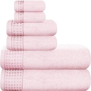 GLAMBURG 100% Cotton Ultra Soft 6 Pack Towel Set, Contains 2 Bath Towels 28x55 Inches, 2 Hand Towels 16x24 Inches & 2 Wash Coths 12x12 Inches, Compact Absorbent Lightweight & Quickdry - Pink