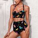 Halter Ruched Swimsuit Set of 2 Womens High Waisted Bikini Sexy Tummy Control Two Piece Swimsuits (XL)