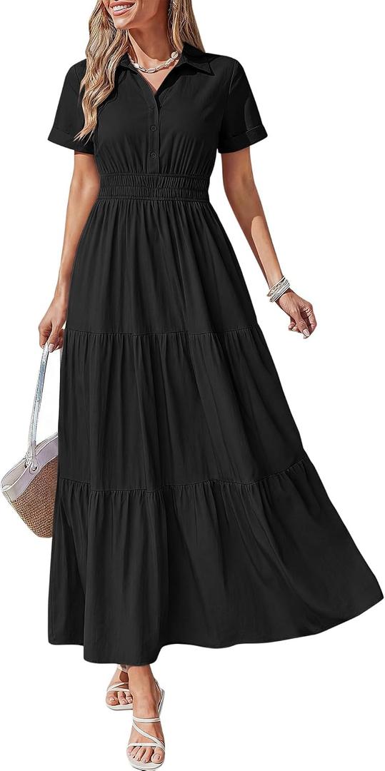 BTFBM Wedding Guest Dresses for Women Beach Fashion Casual Short Sleeve V Neck Solid Spring Summer Boho Maxi Dress (Black, S)