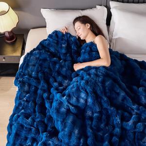 Luxury 1000GSM Faux Rabbit Fur Throw Blanket, Super Heavy Warm Cozy Blankets for Couch Bed Sofa, Bubble Plush Fuzzy Elegant Soft Reversible Mink Blanket for Living Room Bedroom, Navy Blue (50"x60")