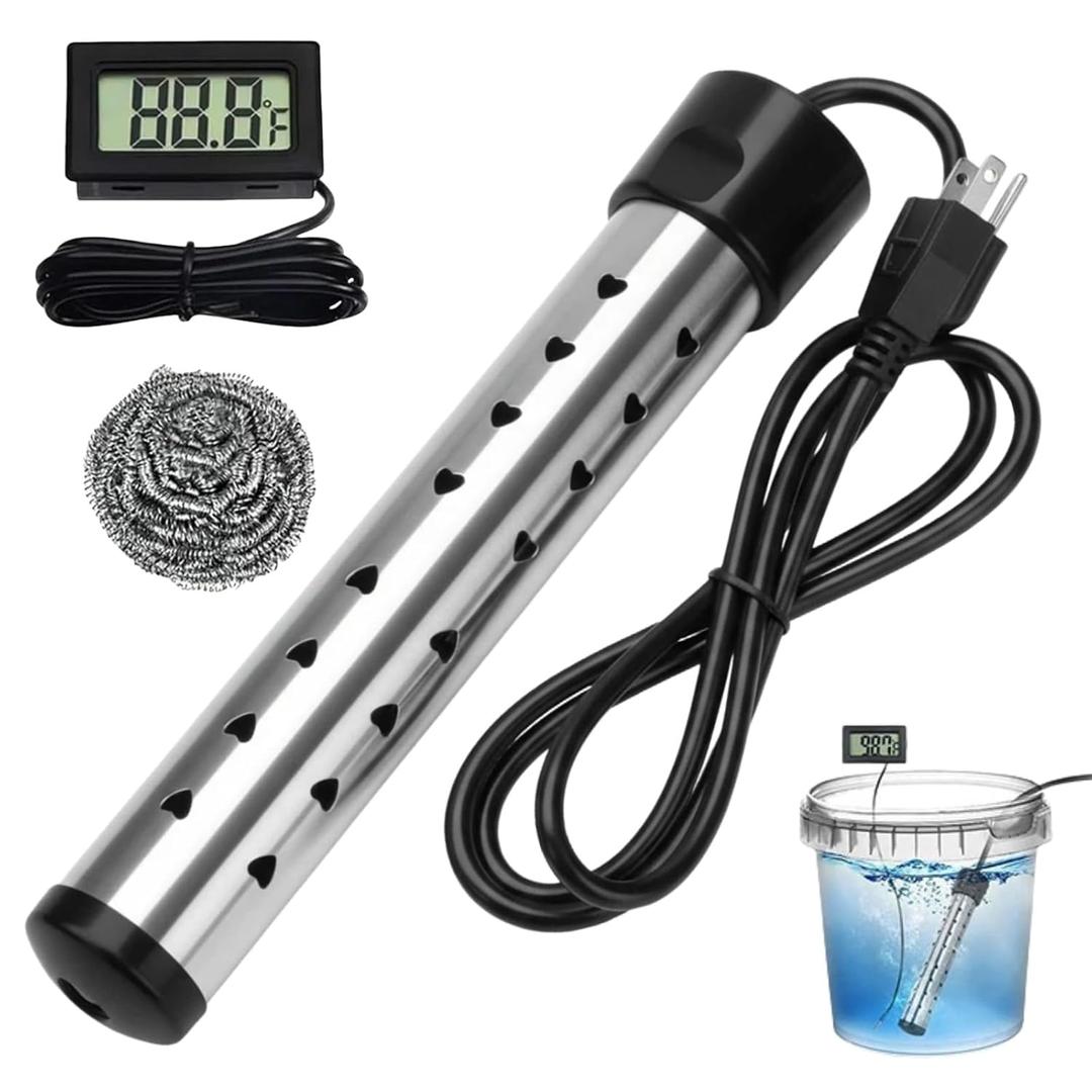 1500W Immersion Water Heater Electric, Portable Water Heater, Fast Heating, Bucket Heater with Digital Thermometer for Bathtub, Inflatable Pool, Camping, or Outdoor