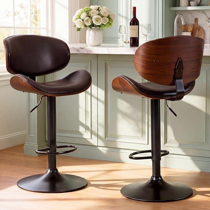 DUMOS Swivel Bar Stools Set of 2, Adjustable Counter Height Bentwood BarStools, PU Leather Upholstery Bar Chair with Ergonomic Back and Footrest, Counter Stools for Bar, Home Kitchen Island, Black
