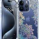 Coolwee Anti Yellowing Clear Glitter for iPhone 15 Pro Max Case Floral, 6.7 inch, 6.6ft Military Grade Protective Cute Mandala Crystal Bling Lace Slim TPU with Camera & Screen Protector