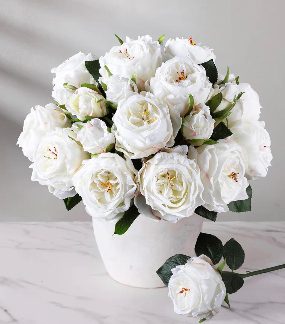 florisso White Austin Rose Faux Flowers - 13 Branches Silk Austin Roses for Home Decor, Wedding Arrangements & Vase Accents (Artificial Floral) (Small), Austin-white