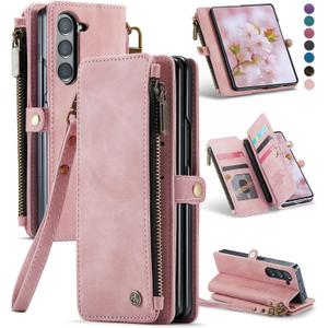 Defencase Wallet Case Compatible with Samsung Galaxy Z Fold 5 with RFID Blocking Card Holder & S Pen Holder PU Leather Magnetic Snap Flip Zipper Strap Phone Case Fit for Galaxy Z Fold 5, Rose Pink