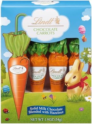 Pack of 4 Lindt Chocolate Carrots, Solid Milk Chocolate Easter Candy Blended with Hazelnut, 1.9 Oz Box, Best By 07/31/2025