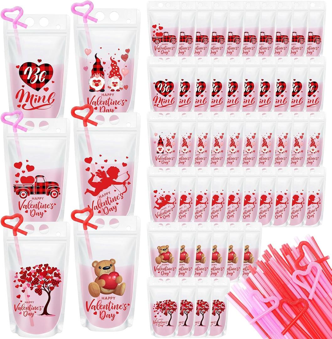 60 Set Valentines Drink Pouches with Straw 17 oz Hearts Plastic Drink Pouches for Adults Alcohol Clear Reclosable Juice Beverage Bag for Valentine's Day Wedding Birthday Party Supplies(Heart)
