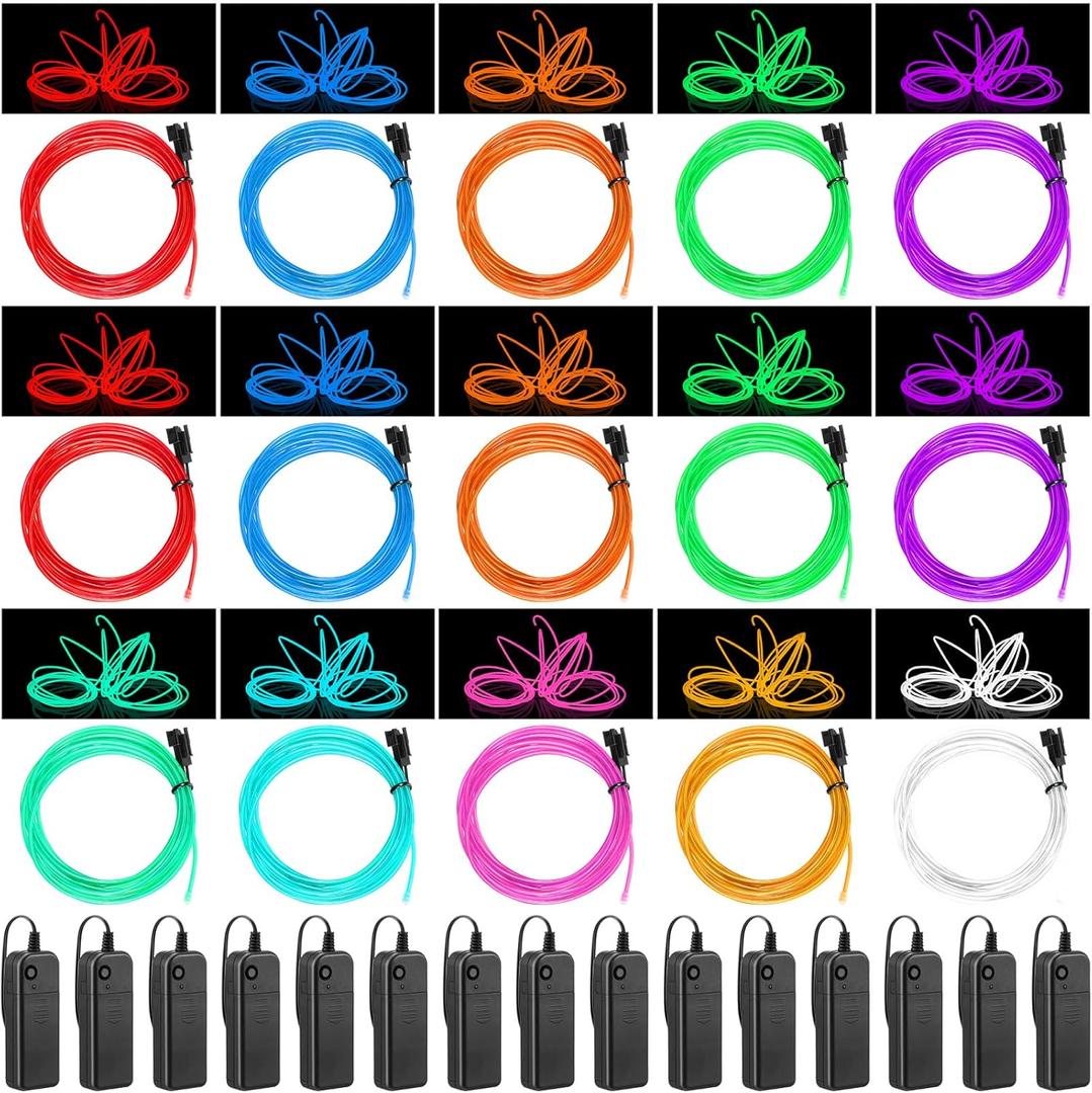Hortsun 15 Pack 13ft Neon Light El Wire Portable Cuttable Neon Glowing Battery Powered LED Lights Glow in The Dark with Battery Pack for Halloween Party