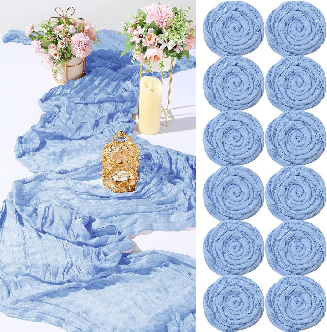 Buryeah 12 Pcs Cheesecloth Table Runner Boho Gauze Table Runner Bulk Rustic Cheese Cloth Long Romantic Tablecloth for Wedding Bridal Shower Birthday Decor(Light Blue,28 x 120 Inch)
