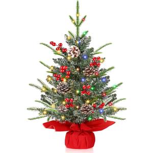 [ Timer & 8 Modes] 24 Inch Realistic Snowy Tabletop Christmas Tree PE&PVC Branches Mini Christmas Tree with 50 Warm White & Muliti Lights Red Berries Pine Cone Indoor Home Christmas Decorations