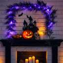 Halloween Black Garland with Purple Lights, 6.56 ft Lighted Cedar Pine Needle Artificial Garland with LED Faux Realistic Hanging Vine Twigs for Halloween Mantle Banister Fireplace Decor