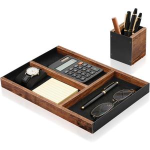 Wooden Desk Tray with Integrated Pen Holder, Luxury Office Organizer for Executive Desk, Minimalist Wood & Metal Stationery Storage Set, Premium Gift for Men & Home Office Decor