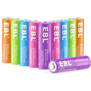 EBL AA Rechargeable Battery 10 Pack 2500mAh Ni-MH Double A Pre-Charged Rechargeable Batteries (10 Pack, 5 Colors in a Box)