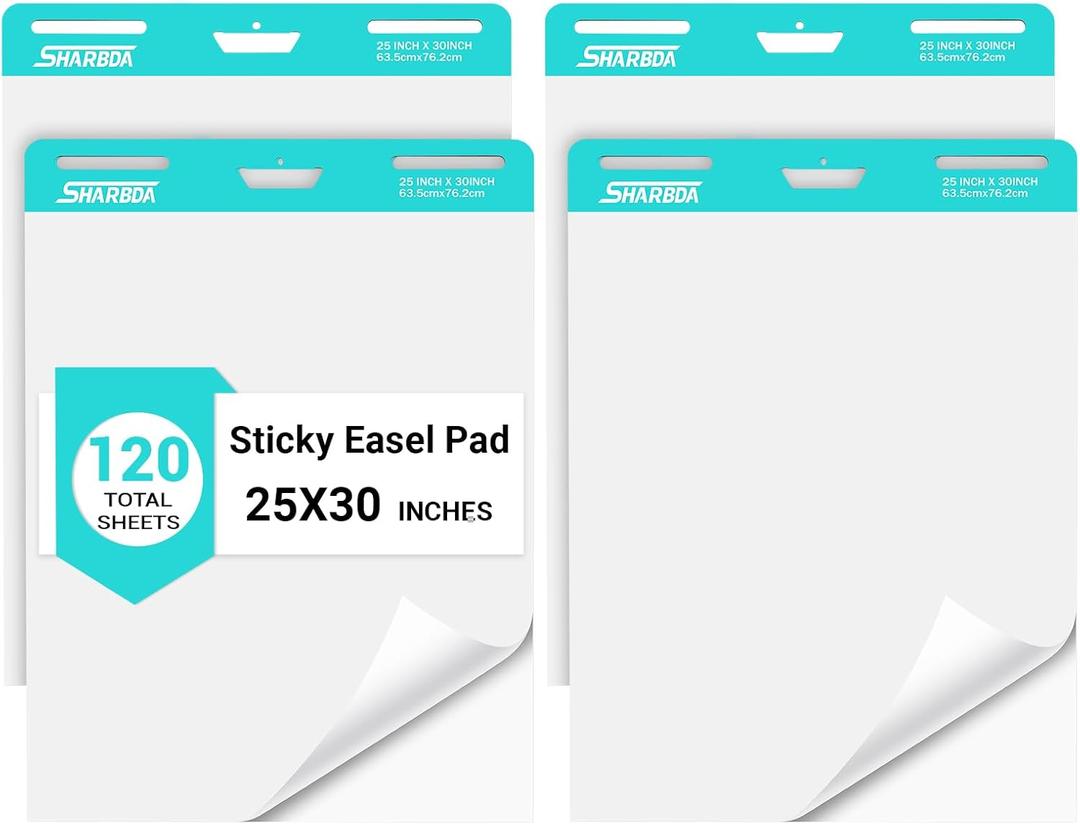 Sticky Easel Pad, 25 in x 30 in,Flip Chart Paper,Sticky Chart Paper for Teachers, Large Self-Stick Easel Paper,Super Sticky & Bleed-Resistant,30 Sheets/Pad,4 Pads (Blank Paper/4 Pack)