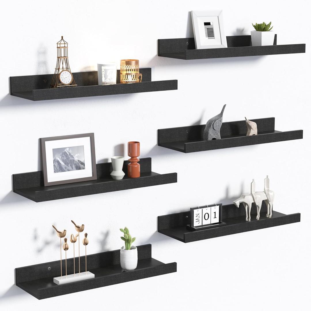upsimples Floating Shelves for Wall, Wall Shelves for Decor Storage Set of 6, Wall Mounted Wood Shelves for Bedroom, Living Room, Bathroom, Kitchen, Picture Ledge Shelves, Black (15.7in)