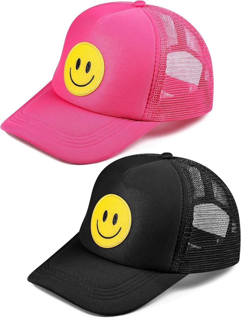 Cozypower 2 Pcs Smile Face Baseball Cap Smile Trucker Hat Mesh Adjustable Baseball Cap Retro Preppy Hats for Women (Rose Red, Black)