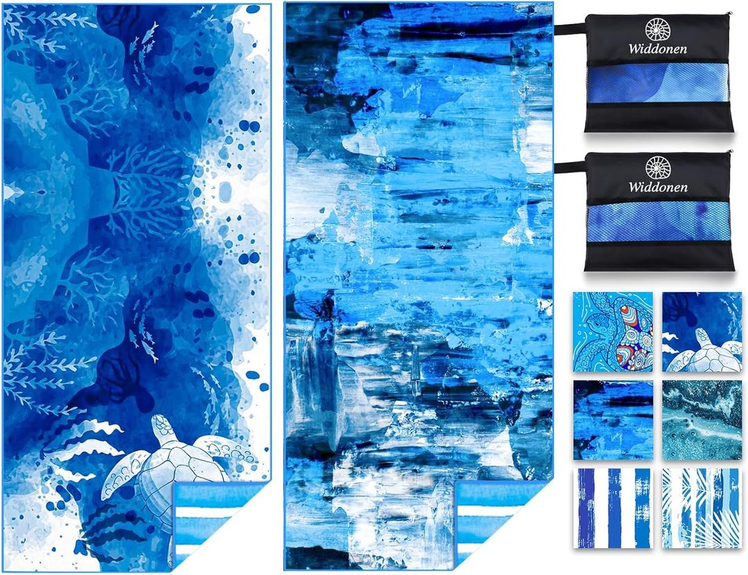 Lightweight Thin Microfiber Beach Towel Sand Free Quick Dry Absorbent Compact Soft Pool Swim Travel Towels Extra Large Oversized Beach Accessories Packable Essentials Stuff Gifts for Adult (32x71 inch, 2 Pack Blue Grass)