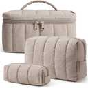 BAGSMART Travel Makeup Bag for Women, 3 Pcs Puffy Padded Cosmetic Organizer Bag, Large Toiletry Case and Small Purse Pouch for Gym, Work, Girls (Camel)