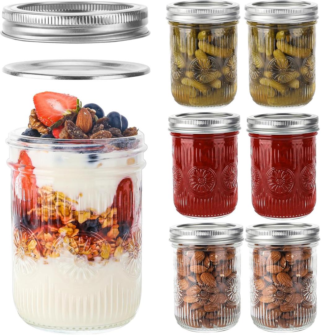16 oz Wide Mouth Jars - 6Pack Canning Jars with Metal Lids and Bands, 16 ounce Pickling Glass Jars for Fermenting, Pickling, Meal Prep, Overnight Oats, Jam, Jelly, DIY Projects