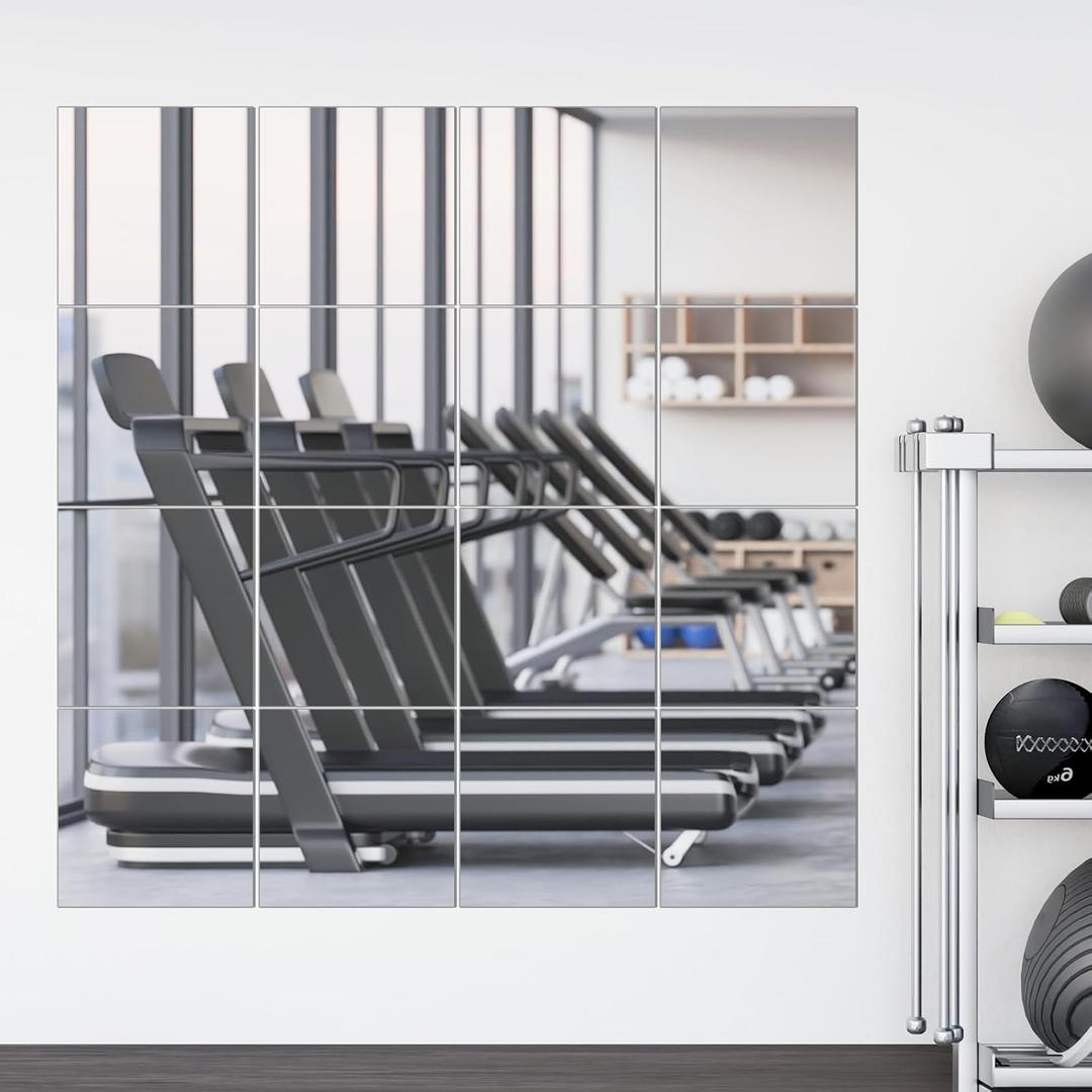 16 Packs Home Gym Mirrors 12'' x 12'' Wall Mounted Mirror Tiles, Square Large Wall Mirror Frameless Full Length Mirror for Home Gym, Bedroom, Door, Bathroom, Living Room