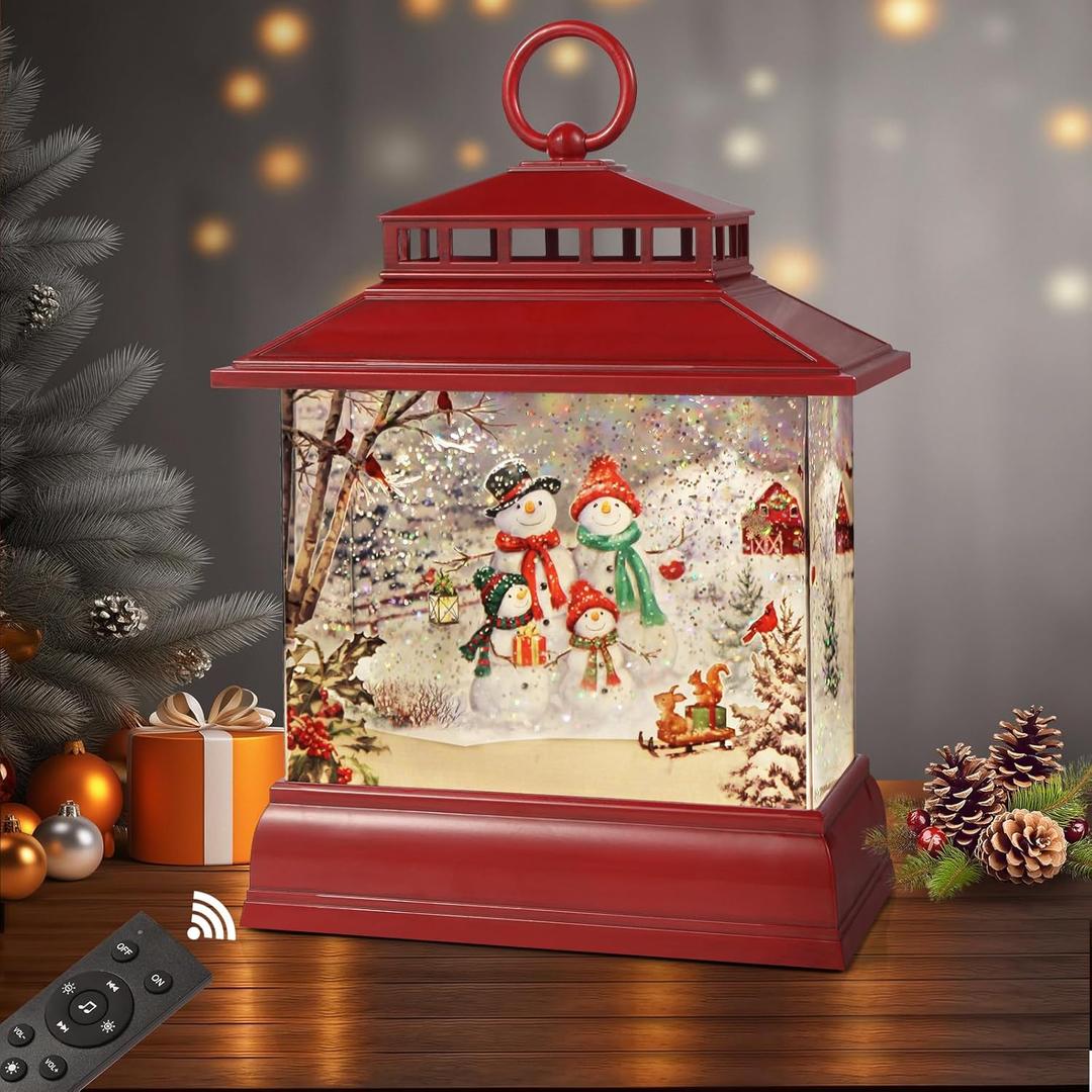 Christmas Snow Globe Lantern Water Glittering Lantern with 8 Songs & 6H Timer Romote Control Christmas Snow Globes USB & Battery Operated for Christmas Festival Decorations Gifts (Snowman Family)
