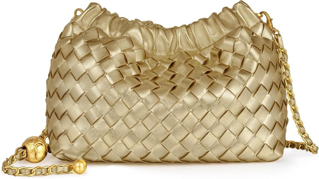 Joryin Woven Women's Crossbody Bag & Evening Purse, Trendy Dumpling Clutch & Hobo Cloud Shoulder Bag Trendy Dumpling Clutch (Woven Leather-champagne Gold)
